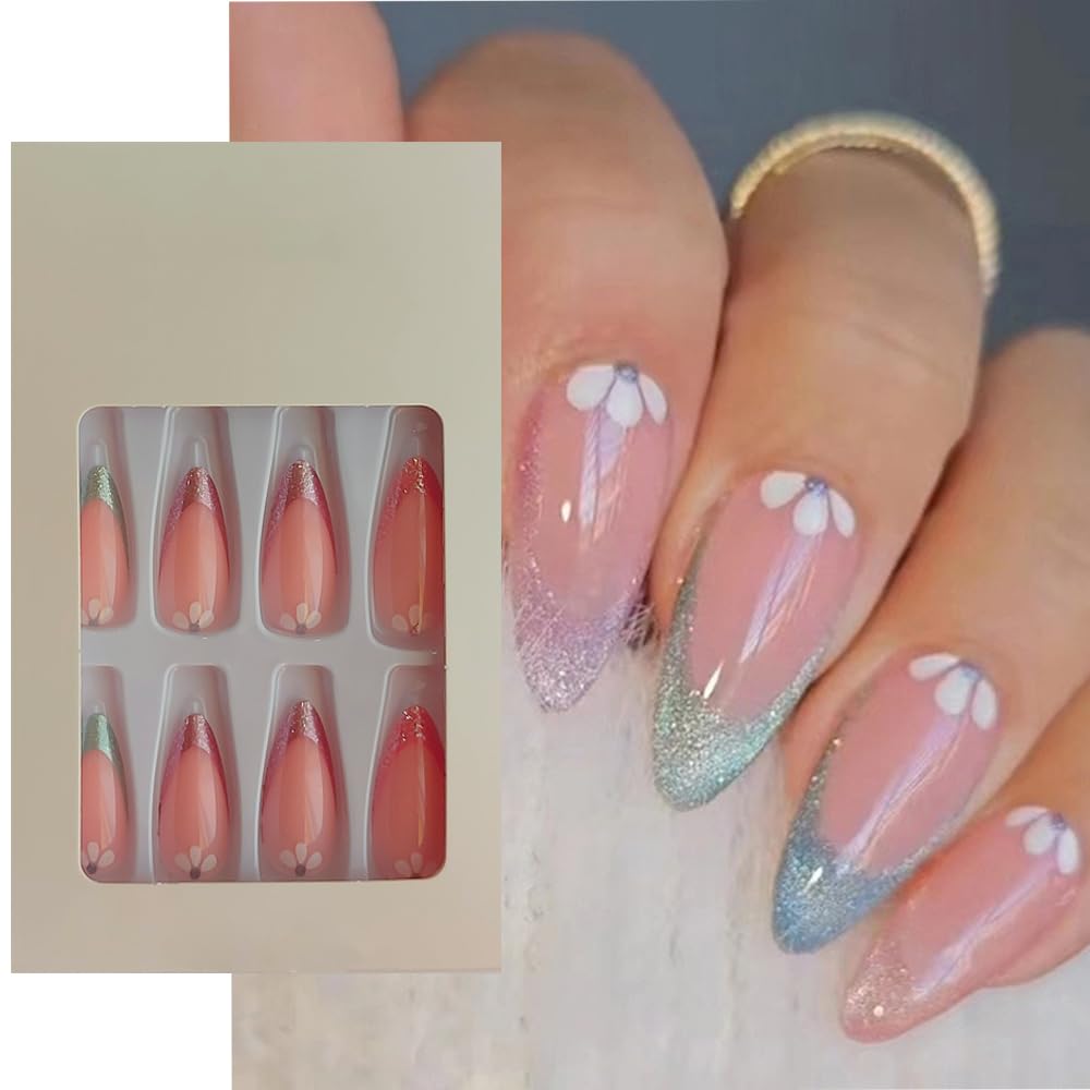 S.A.V.I 24 PCs Glitter Floral Almond Shape Press-On Nails - Multicolor Fake Nails Set with Adhesive Tabs  Liquid Glue Included