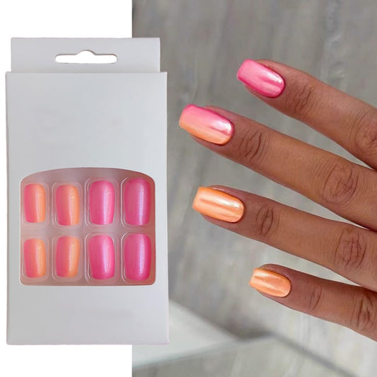 S.A.V.I 24pc Pink  Orange Gradient Square Press-On Nails - Medium Length, Adhesive Tabs  Glue Included