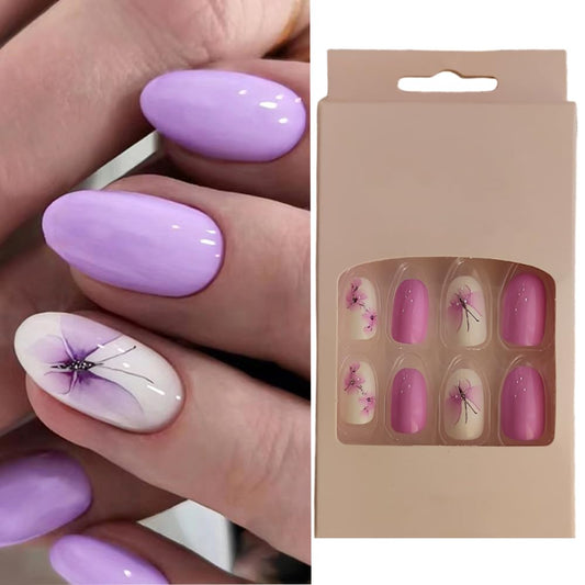 S.A.V.I Press-On Nails - 24 Pc Purple  White Floral, Medium Length with Glue  Tabs