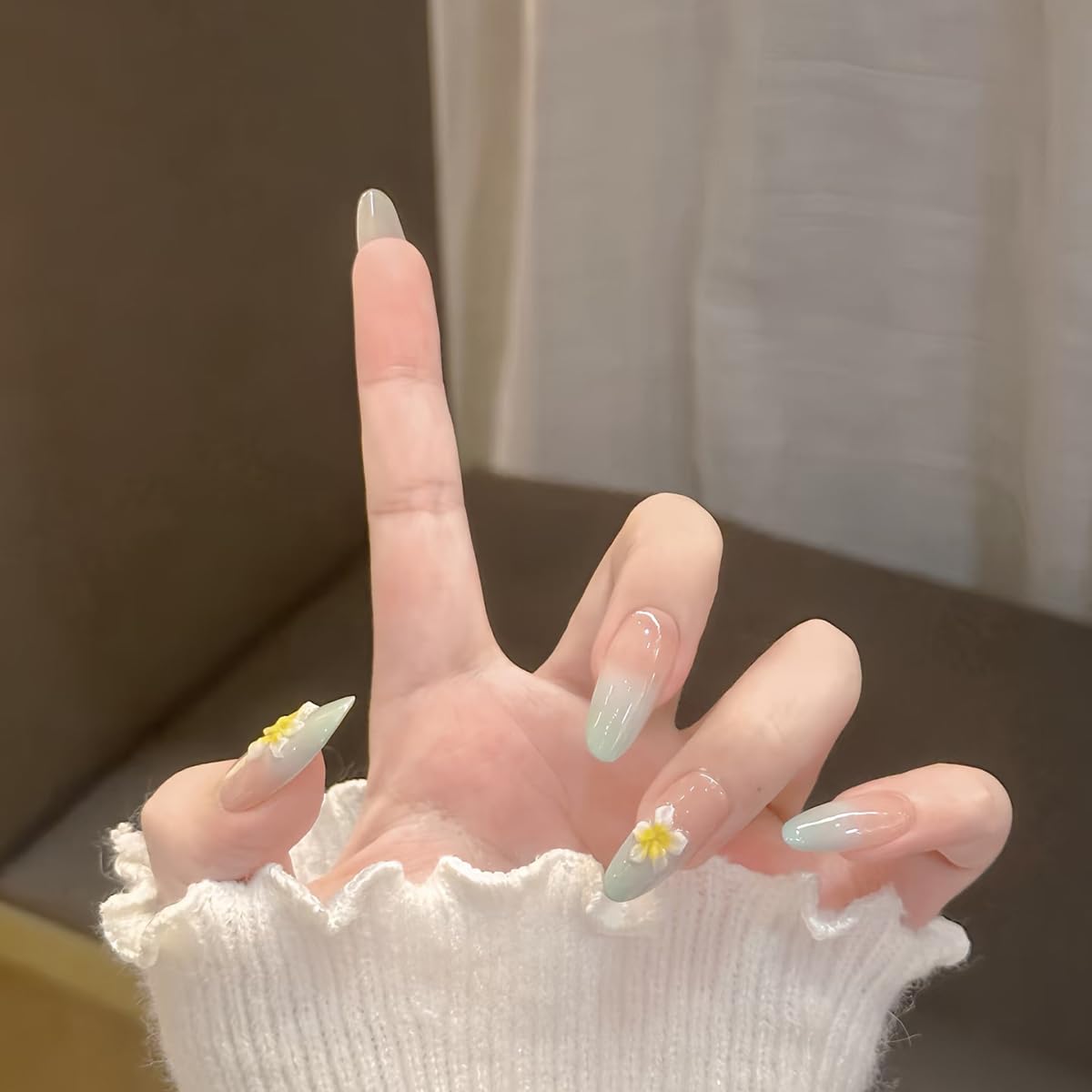 S.A.V.I 24 Pcs Long Almond Artificial Nails for Women & Girls | Gradient Nude & Green Press On Nails with 3D Flower Design | Reusable False Nail Tips with Glue & Adhesive Tabs | DIY Nail Art Set