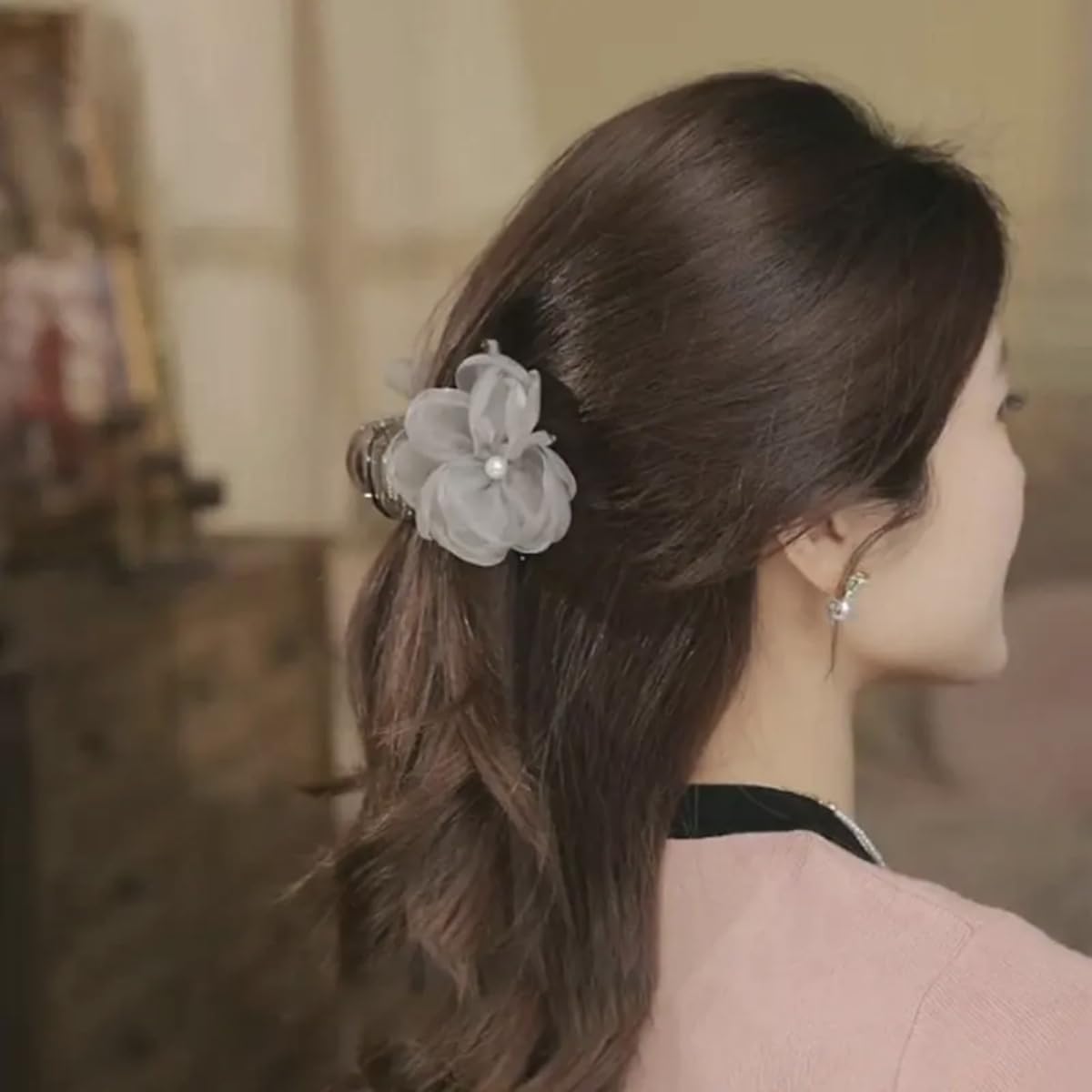 S.A.V.I Grey Flower Hair Claw Clip for Women & Girls | 8cm Fabric Floral Design with Pearl Center | Stylish Hair Accessory for Daily, Party, Festive & Traditional Outfits
