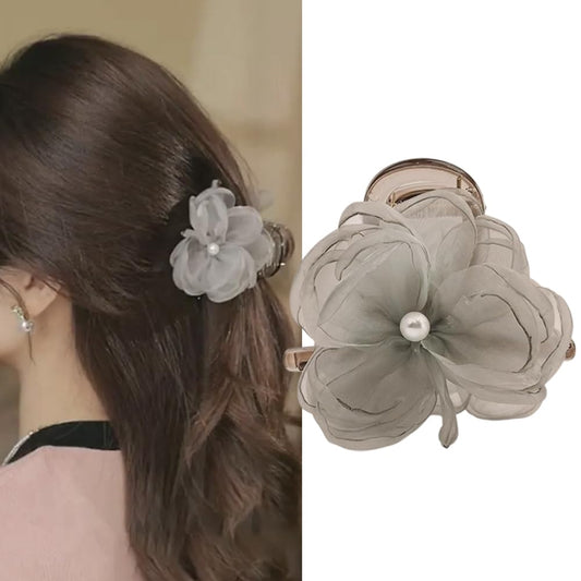 S.A.V.I Grey Flower Hair Claw Clip for Women & Girls | 8cm Fabric Floral Design with Pearl Center | Stylish Hair Accessory for Daily, Party, Festive & Traditional Outfits