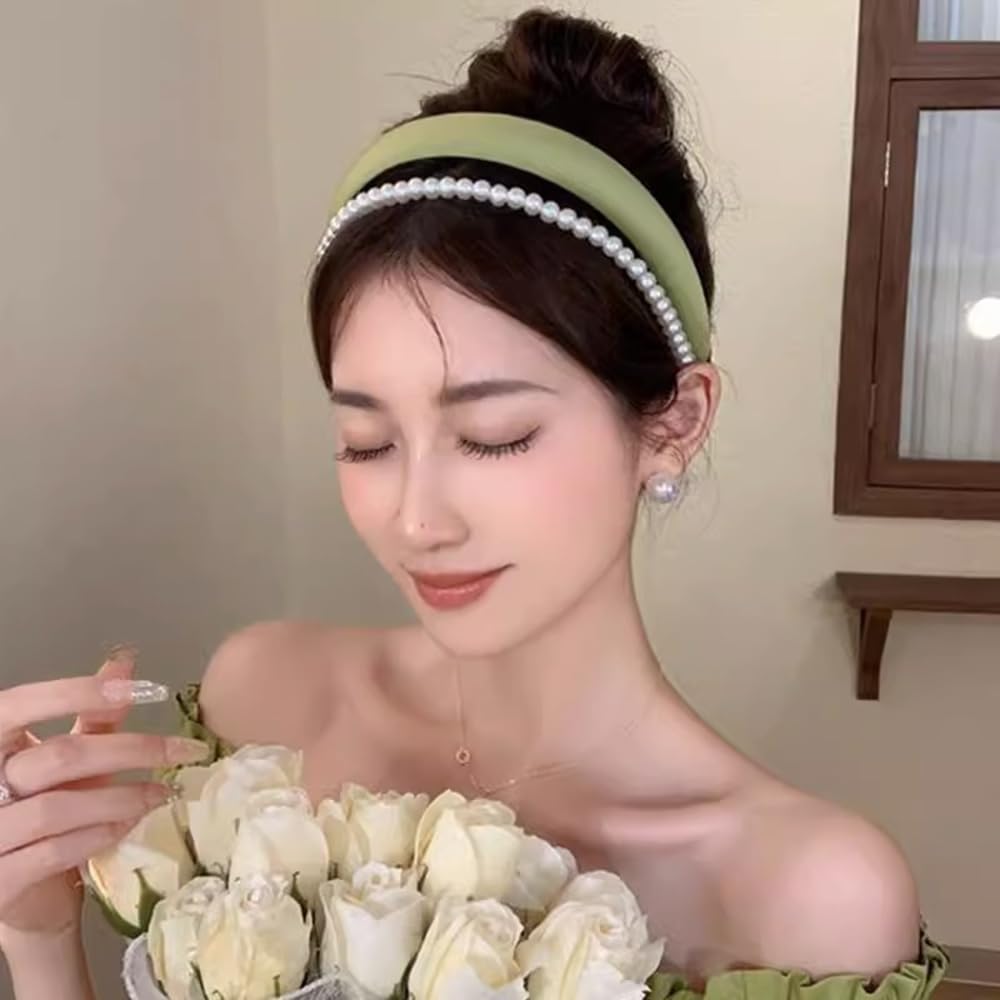S.A.V.I Women’s Green Satin Hairband with Pearls | Stylish Double Layered Padded Headband for Girls | Trendy & Comfortable Hair Accessory for Daily, Weddings, Parties & Gifting