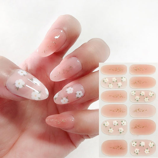 S.A.V.I 12PCS Peach  Glitter Floral Pattern Print Gel Effect Full Nail Stickers - Long-lasting, Easy-to-Apply Nail Art Decorations for Salon-Quality Manicure at Home