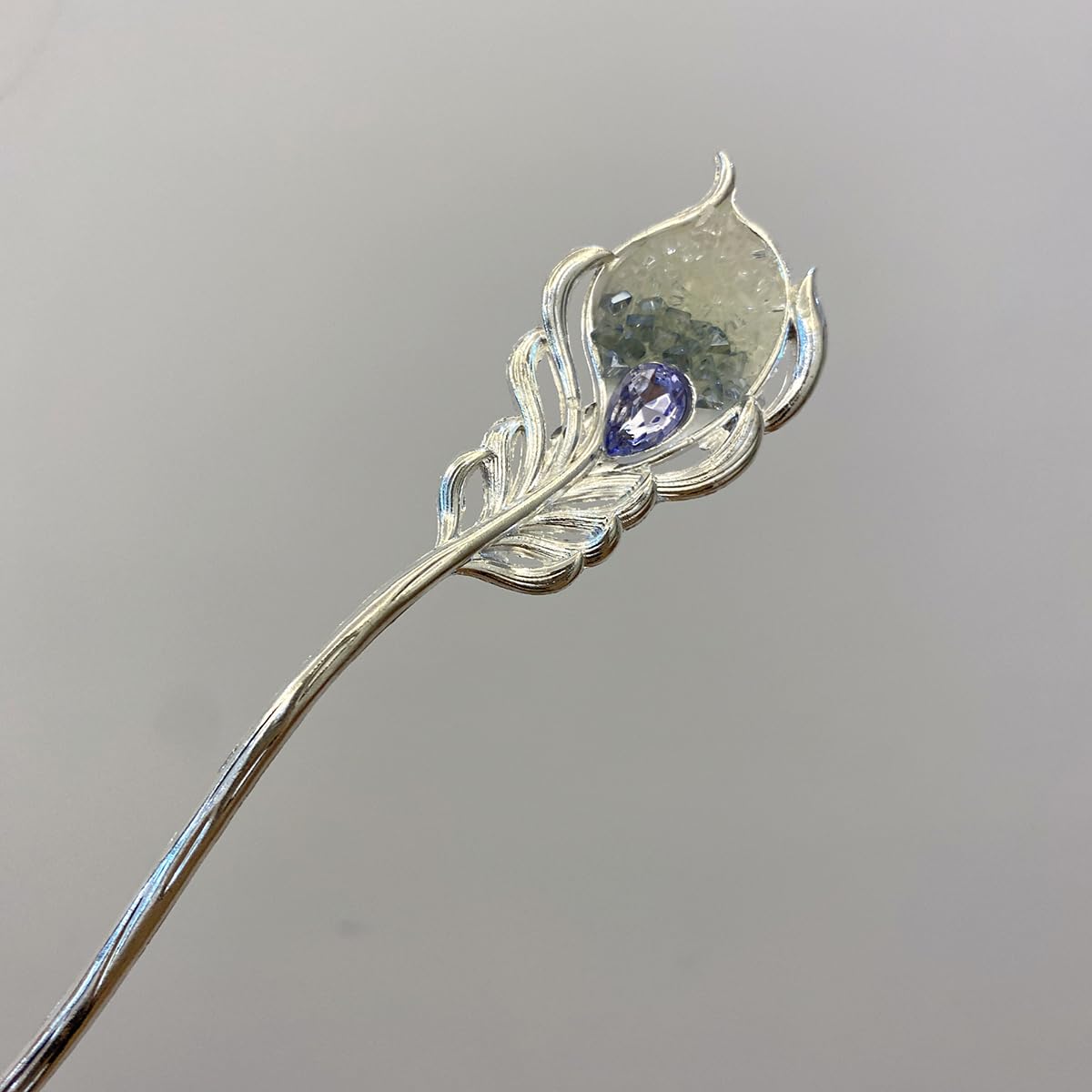 S.A.V.I Silver Peacock Feather Hair Stick for Women | Elegant 16cm Long Hair Pin with Crystal Detailing | Traditional Bun Holder & Party Hair Accessory (1 Pc, 2.7cm Width)