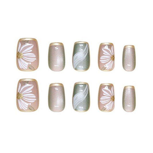 S.A.V.I 30 Pcs Medium Length Nude  Green Cat's Eye Fake Nails | Reusable Press-On Artificial Nails for Women  Girls | Natural Shape False Nails with Floral Print | Long-Lasting, Easy to Apply  Remove