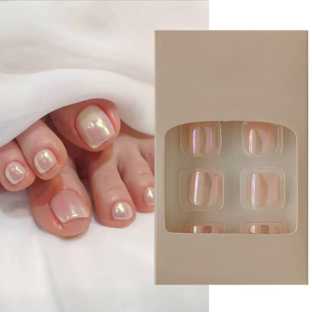 S.A.V.I 24 Pcs Aurora Mirror Effect Fake Toe Nails | Reusable Short Square Pedicure Nail Tips with Adhesive Tabs & Glue | Shiny Iridescent Pink Press On Nail Art Set for Women & Girls