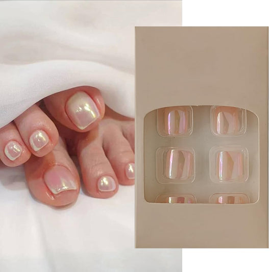 S.A.V.I 24 Pcs Aurora Mirror Effect Fake Toe Nails | Reusable Short Square Pedicure Nail Tips with Adhesive Tabs & Glue | Shiny Iridescent Pink Press On Nail Art Set for Women & Girls