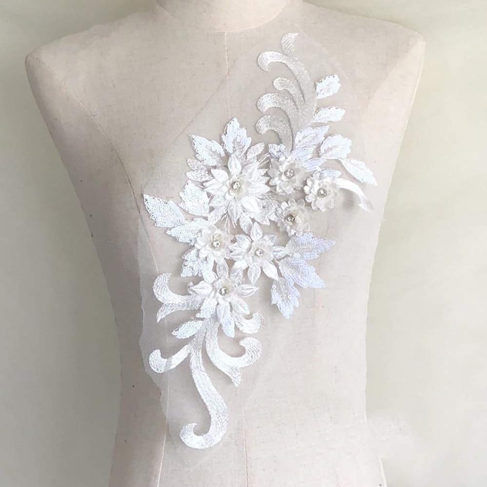 S.A.V.I 3D Floral Applique Patch – White Embroidered Lace Mesh Fabric with Beads  Sequins | 15.3x7.5 in | DIY Sewing Patch for Bridal, Lehenga, Saree, Blouse, Gown, Dress  Craft Accessories