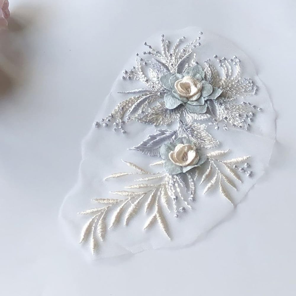 S.A.V.I 1PC 3D Flower Embroidery Patch Mesh Fabric Lace Applique | Sew-on Wedding Dress Clothes Decoration | DIY Craft | 21.5x12CM | Elegant Floral Design | Best for Bridal Gowns  DIY Projects (Blue)