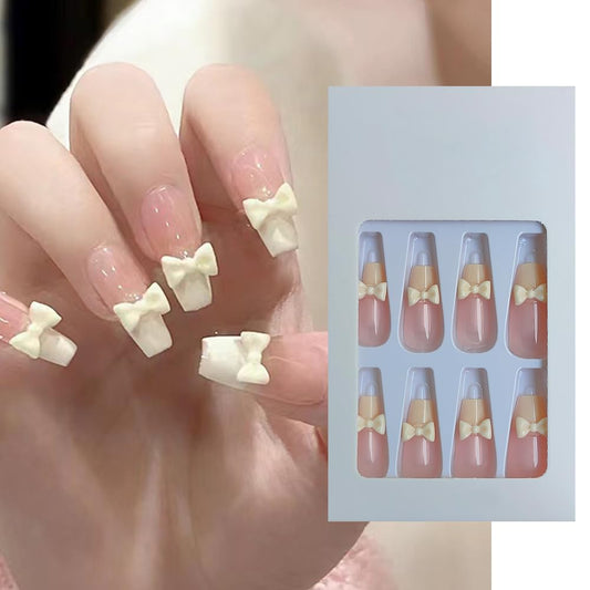 S.A.V.I 24-Pc French Manicure Coffin Fake Nails - 3D Bowknot Press On Nails, Long  Elegant