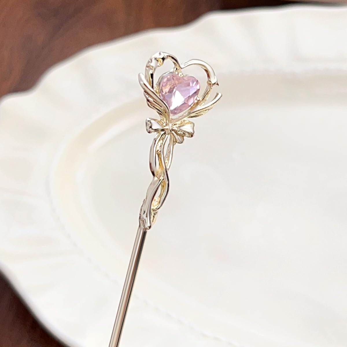 S.A.V.I Silver Hair Bun Stick Pin for Women & Girls | 18.2cm Metal Hairpin with Pink Heart Rhinestone | Butterfly Bow Design | Stylish Juda Stick for Party, Wedding, Traditional Look