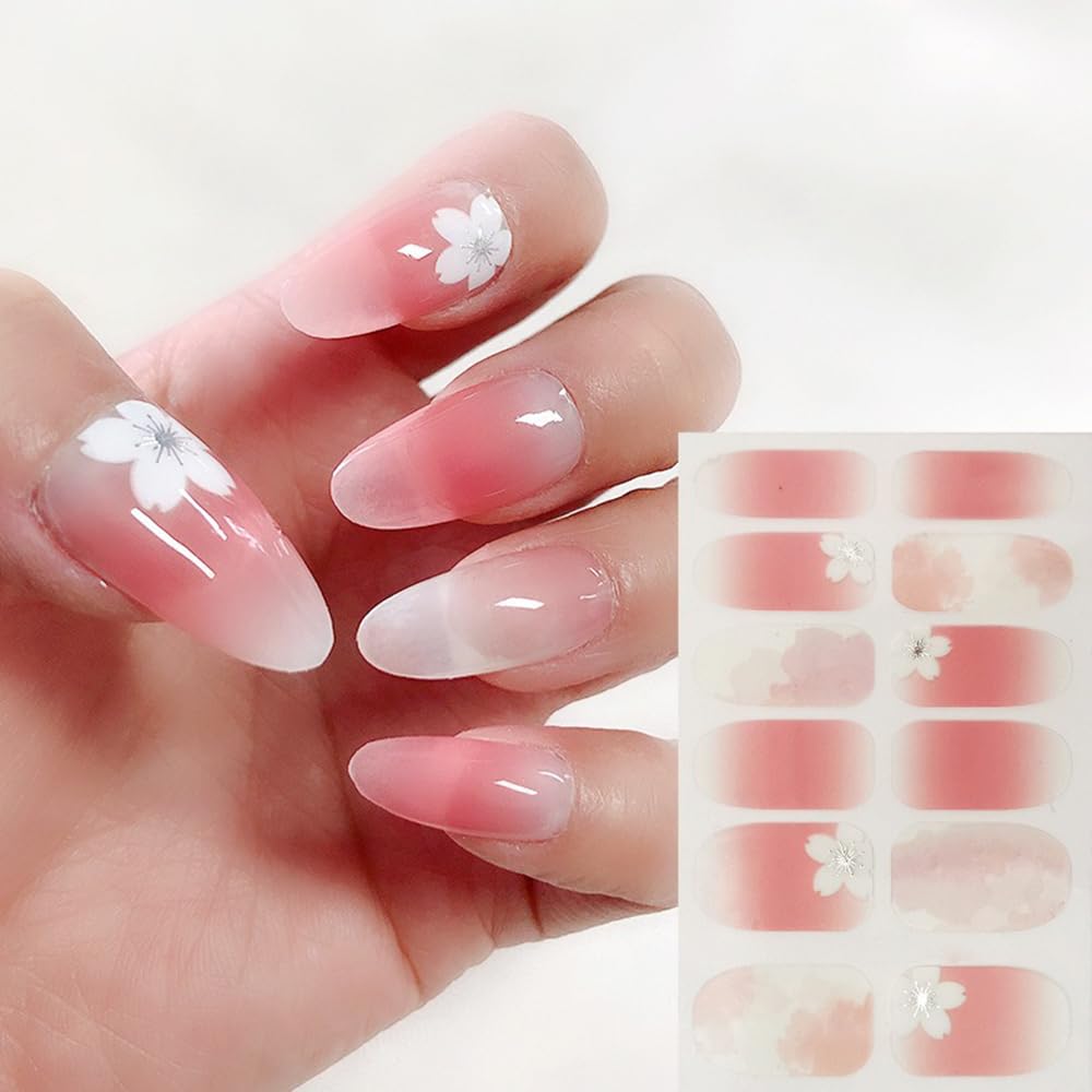 S.A.V.I 12PCS - Nail Art Stickers Peach  Nude Translucent Gel Effect, Cherry Blossom Print, Full Nail Decoration, Long-Lasting