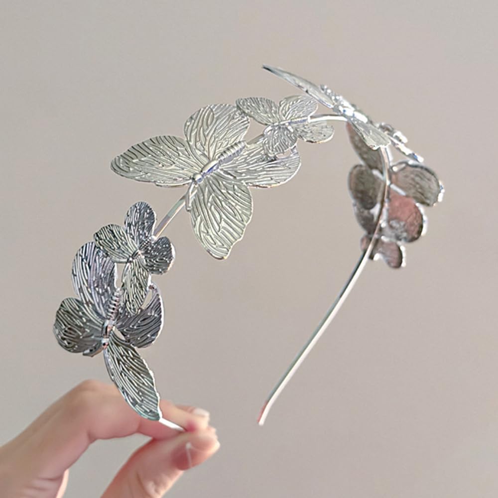 S.A.V.I Silver Butterfly Hairband for Women & Girls | Lightweight Metal Headband with 3D Textured Design | Stylish Party, Wedding & Festive Hair Accessory (14.5cm) (Silver, Onesize)