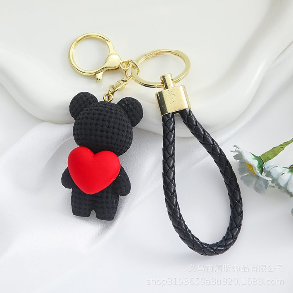 S.A.V.I Cute Pink Bear Keychain with Heart Charm | Resin Mini Teddy Pendant 6cm | Braided PU Leather Wrist Strap | Lightweight Gold Key Ring for Girls, Women (Black)