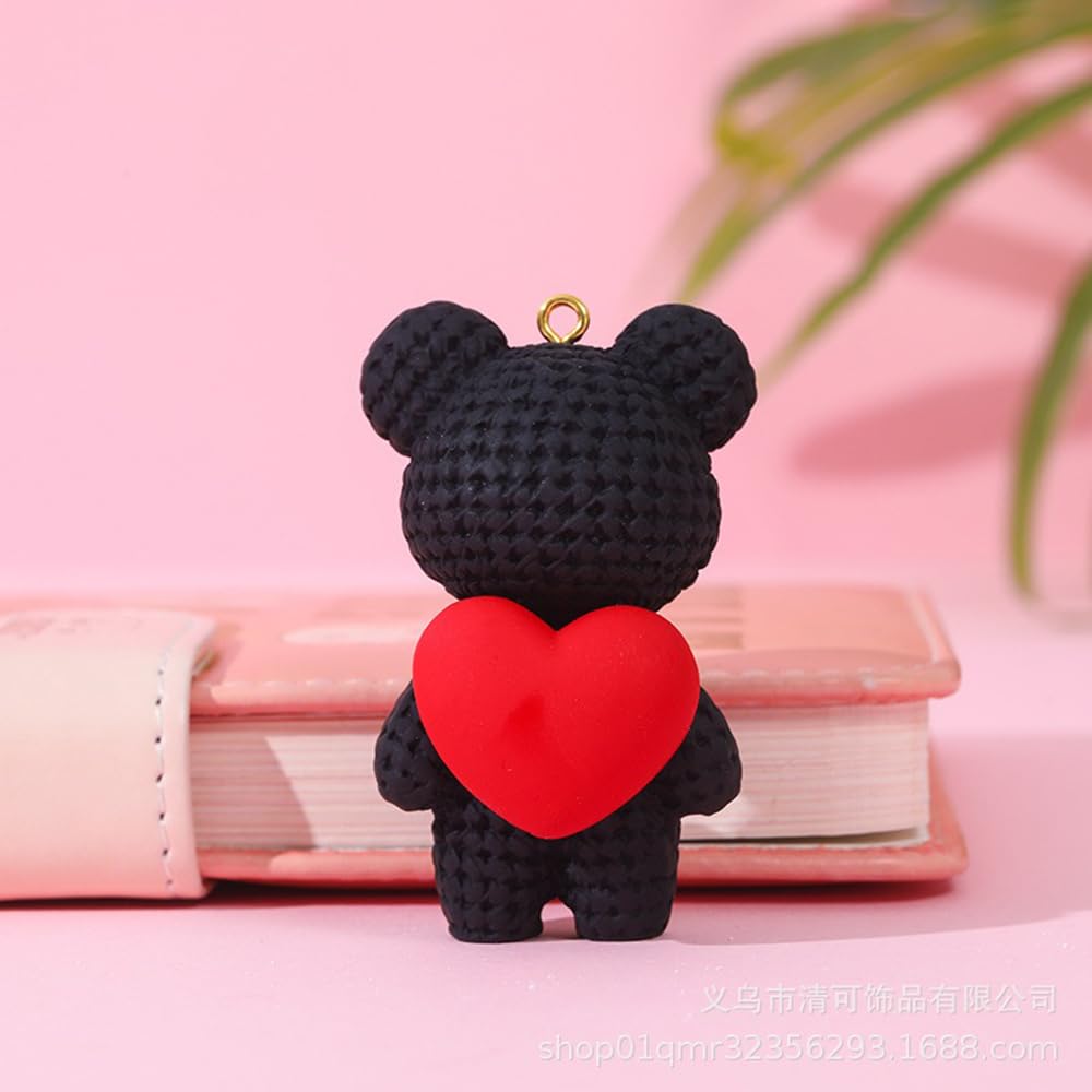 S.A.V.I Cute Pink Bear Keychain with Heart Charm | Resin Mini Teddy Pendant 6cm | Braided PU Leather Wrist Strap | Lightweight Gold Key Ring for Girls, Women (Black)