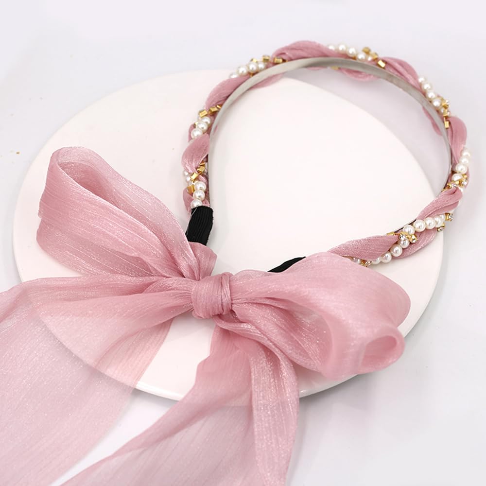 S.A.V.I Pink Pearl & Rhinestone Embellished Headband for Women & Girls | 51cm Soft Satin Ribbon Hairband | Stylish Hair Accessory for Weddings, Parties, Festive