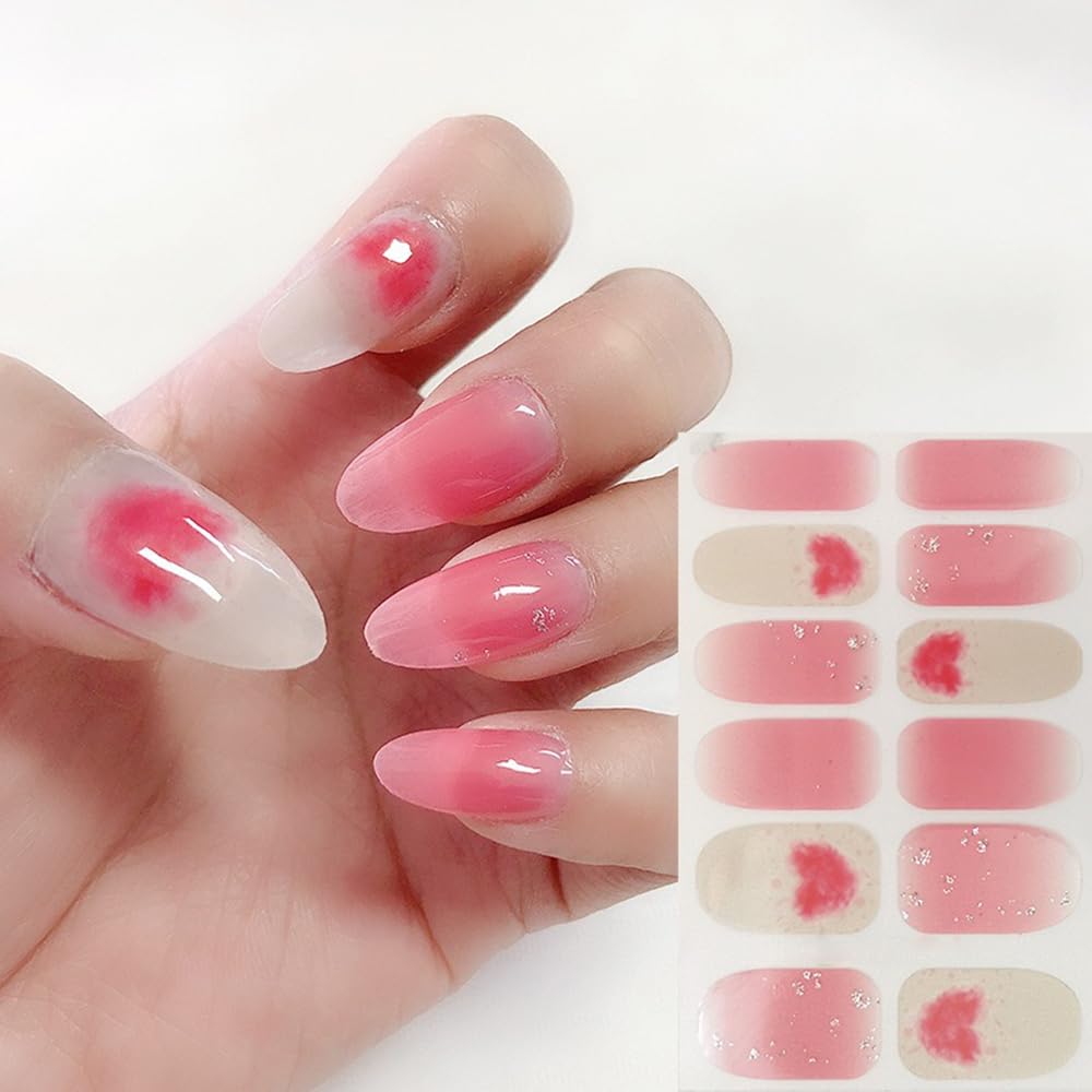 S.A.V.I 12PCS Nail Stickers - Pink  Nude Gel Effect with Blush Heart Print, Full Nail Art Wrap, Easy Apply  Long Lasting