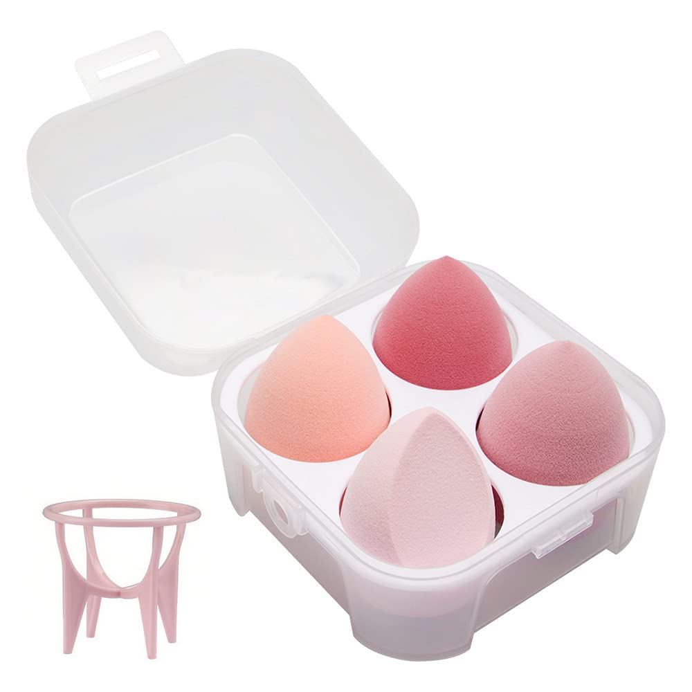 S.A.V.I 4 Piece Pack Cosmetic Wet and Dry Powder Puff Beauty Makeup, Egg Sponge, with Box and Stand (Pink)