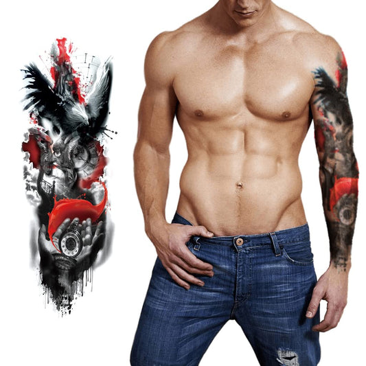 S.A.V.I Full Arm Temporary Tattoo, Virgin Mary Blood Shed Crow Tattoo Sticker, Size 48x17CM
