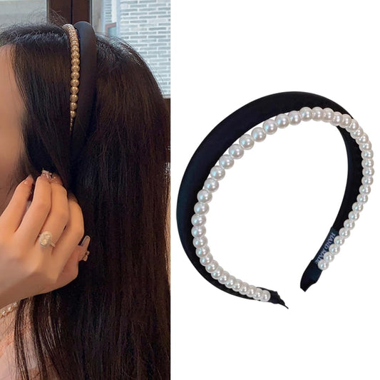 S.A.V.I Women's Black Velvet Hairband with Faux Pearls | Wide Padded Headband for Girls & Women | Elegant Hair Accessory for Wedding, Party & Daily | Comfortable & Stylish Look