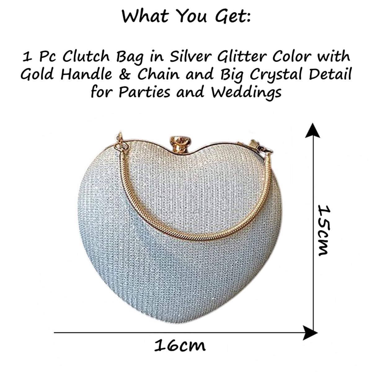 S.A.V.I Women’s Heart Shaped Silver Glitter Clutch Bag | Party & Wedding Evening Purse with Gold Handle, Chain Strap & Crystal Top Lock | Stylish Metallic Handbag for Brides & Special Events (Silver)