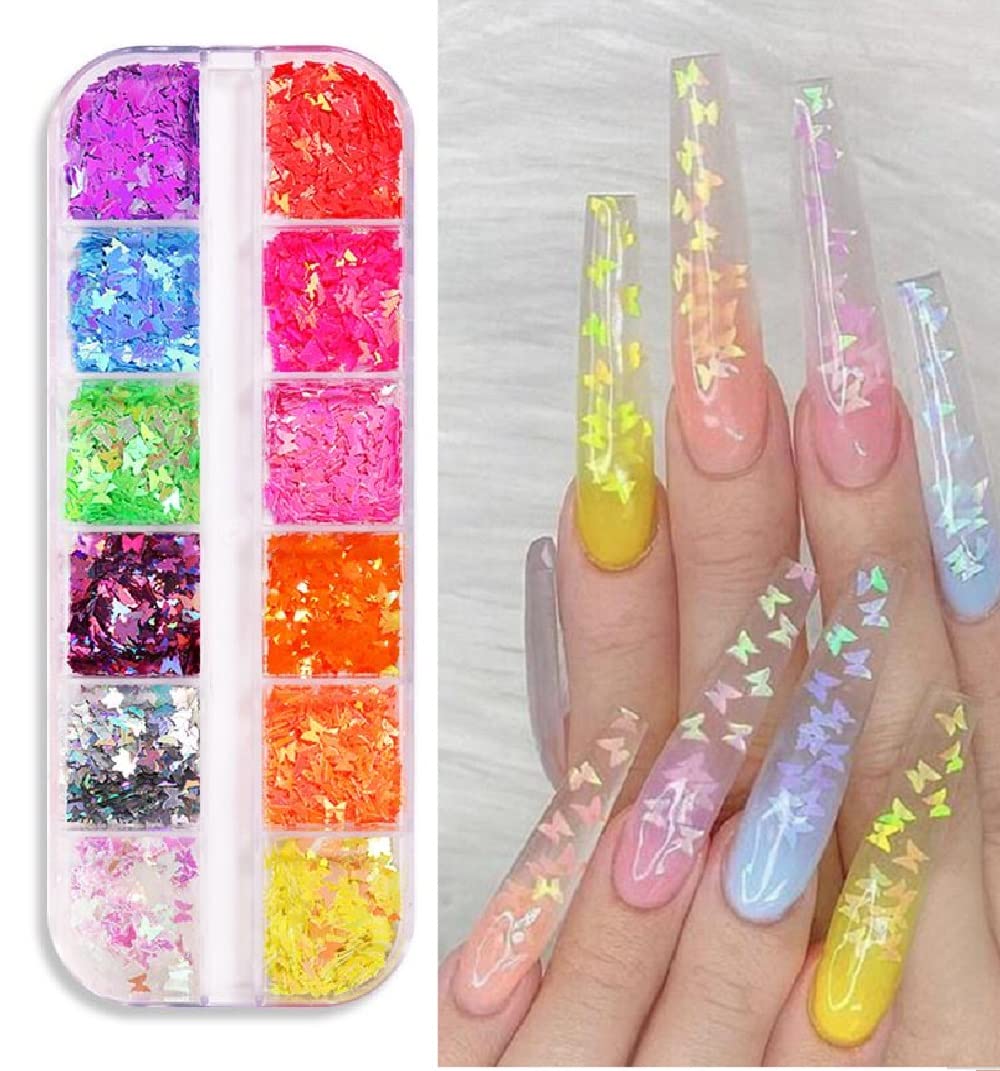 S.A.V.I 12 Grids Multicolor Butterfly Fluorescent Sequins Nail Art Design DIY
