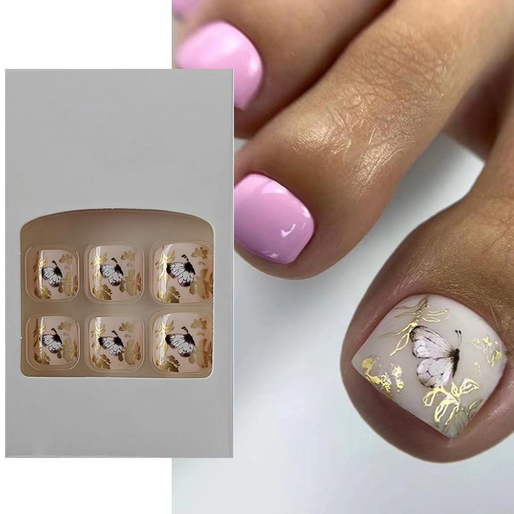 S.A.V.I 24 PCs Short Natural Shape Nude  Pink Butterfly Print Toe Nails - Press-on Fake Nails for DIY Pedicure | Long-Lasting, Easy to Apply, Perfect for Home Manicure Online at Low Prices in India