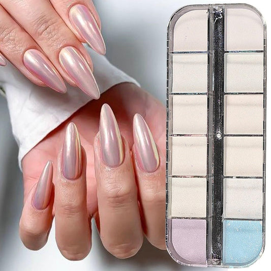 S.A.V.I Aurora Chrome Nail Powder – 12 Glitter Pearl Iridescent Colors | Holographic Mirror Effect Pigment for Nail Art | Long-Lasting Shine for DIY Manicure & Salon Use