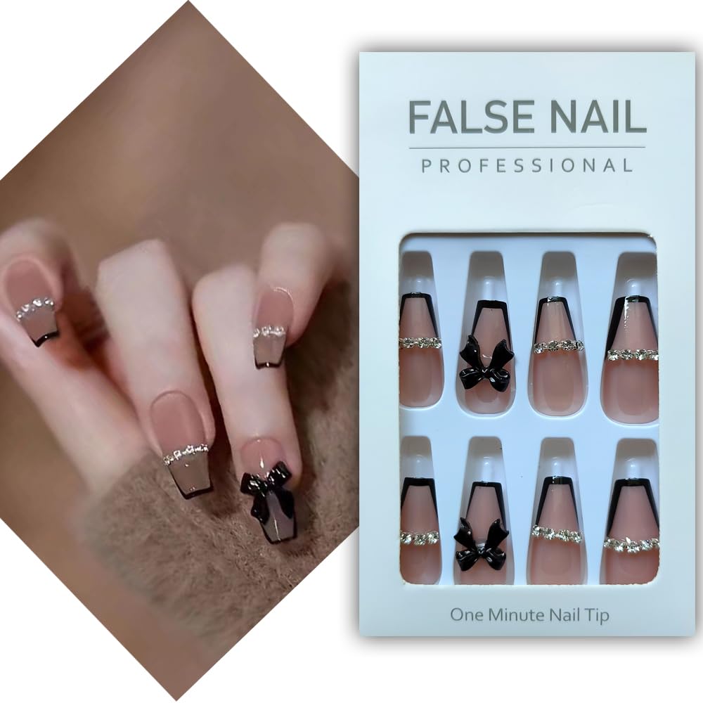 S.A.V.I Black Bowknot Crystal False Nails - 24PCS DIY Kit