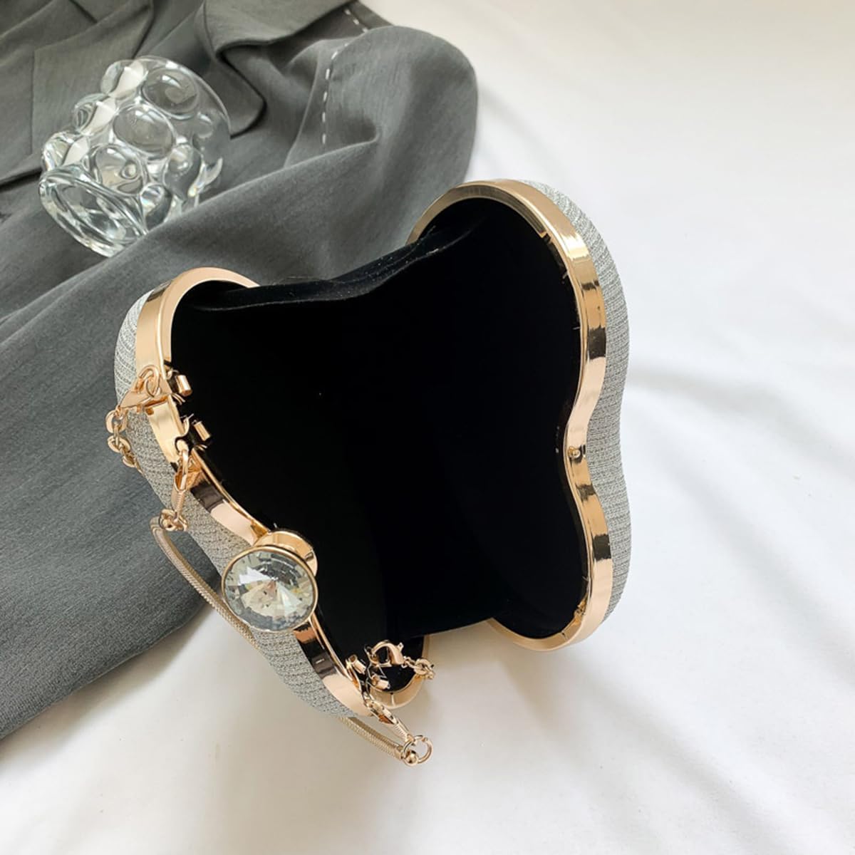 S.A.V.I Women’s Heart Shaped Silver Glitter Clutch Bag | Party & Wedding Evening Purse with Gold Handle, Chain Strap & Crystal Top Lock | Stylish Metallic Handbag for Brides & Special Events (Silver)