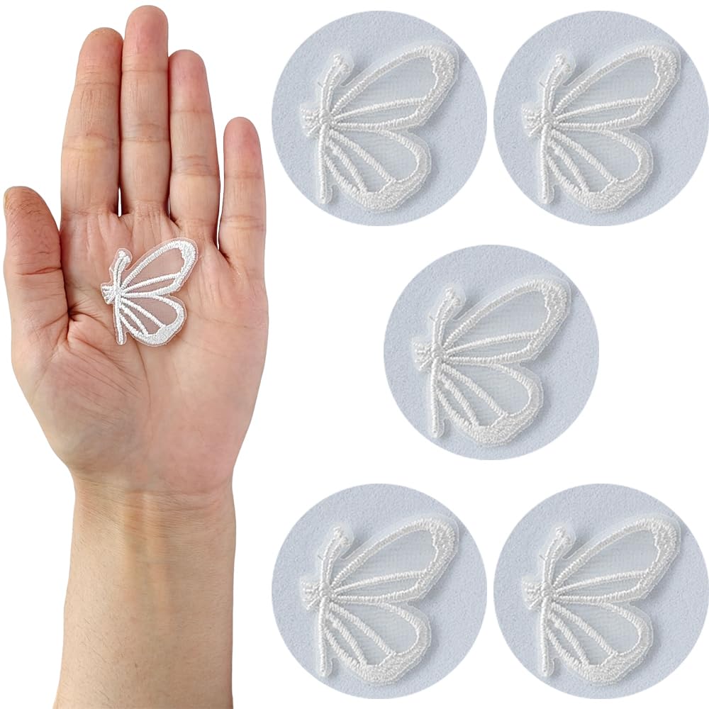 S.A.V.I 5PCS. Embroidered Butterfly Appliqué Patches - Delicate Organza White Lace Design | Easy Sew-On for Craft Projects, Clothing, Accessories | Ideal for DIY Decor (1.3x1.2 inches)
