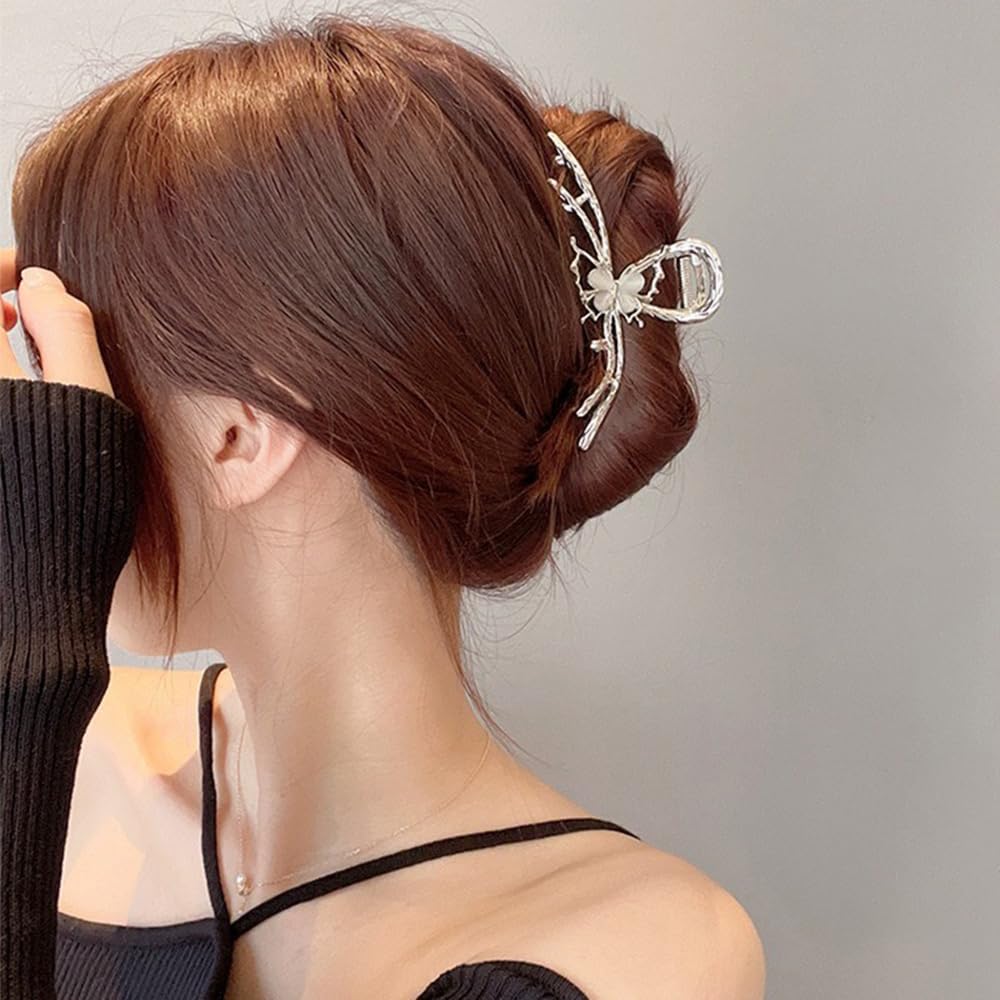 S.A.V.I Silver Butterfly Hair Claw Clip for Women & Girls | 11.5cm Large Metal Clutcher for Thick Hair | Strong Grip Floral Design Bun Holder | Stylish Hair Accessory for Daily