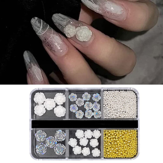 S.A.V.I 6-Grid 3D Rose Nail Art Decorations Kit - DIY Manicure Accessories for Women  Girls - Trendy White  Clear Flowers