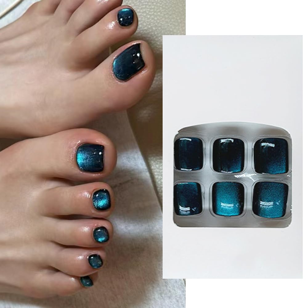 S.A.V.I Beauty Nail Blue Cat’s Eye Toe Fake Nails Set | 24 Pcs Glossy Square Shape Press On Toenails | Durable Acrylic, Reusable DIY Nail Art Pedicure Kit for Women & Girls