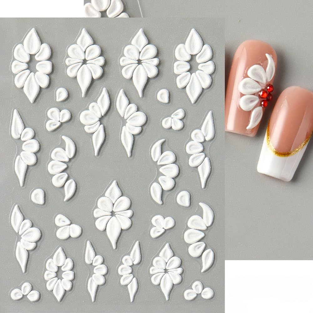 S.A.V.I 3D Self-Adhesive Nail Art Stickers – 2 Sheets Pink & White Floral Embossed Design, Easy Peel & Stick, Long-Lasting Manicure Decoration for DIY Nail Extensions & Professional Salon Use