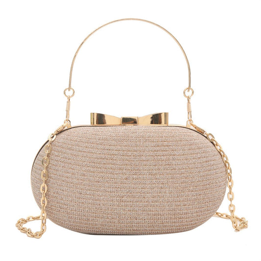 S.A.V.I Women’s Gold Glitter Clutch Bag – Oval Hard Case Evening Purse with Chain & Bow Design, Party & Wedding Handbag (Gold)