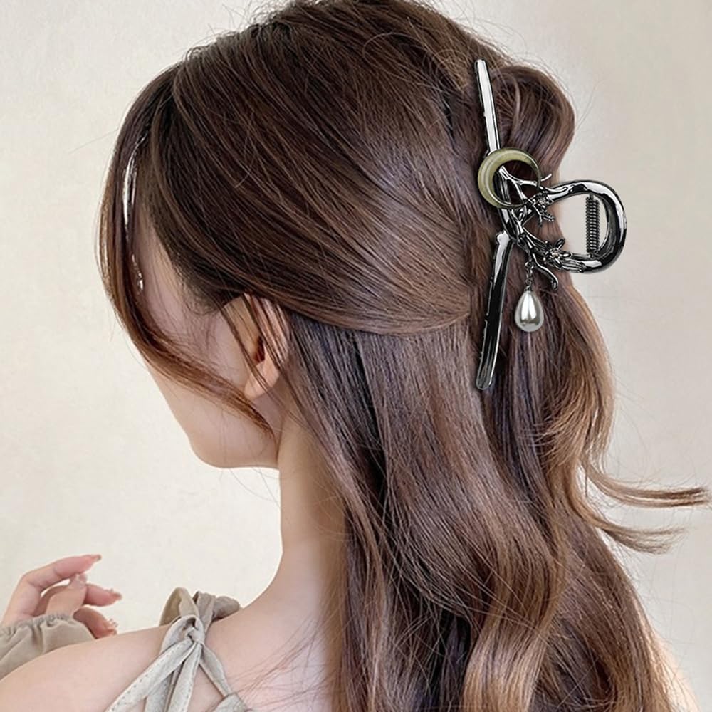 S.A.V.I Gun-Black Large Hair Claw Clip for Women – 11.5cm Metal Clutcher with Moon, Cherry Blossom & Pearl Design – Strong Grip Stylish Hair Accessory for Thick Hair & Bun Styling