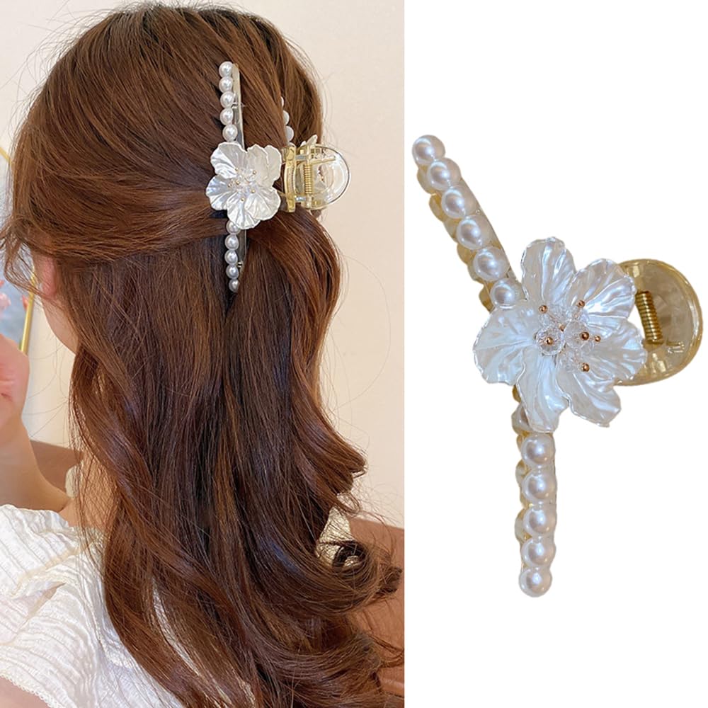 S.A.V.I White  Gold Shell Flower  Pearl Hair Clip for Women | Stylish Big Floral Design | Elegant Wedding, Party Hair Accessory | (1 Pc)