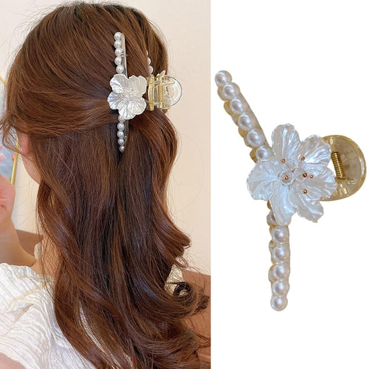 S.A.V.I White  Gold Shell Flower  Pearl Hair Clip for Women | Stylish Big Floral Design | Elegant Wedding, Party Hair Accessory | (1 Pc)