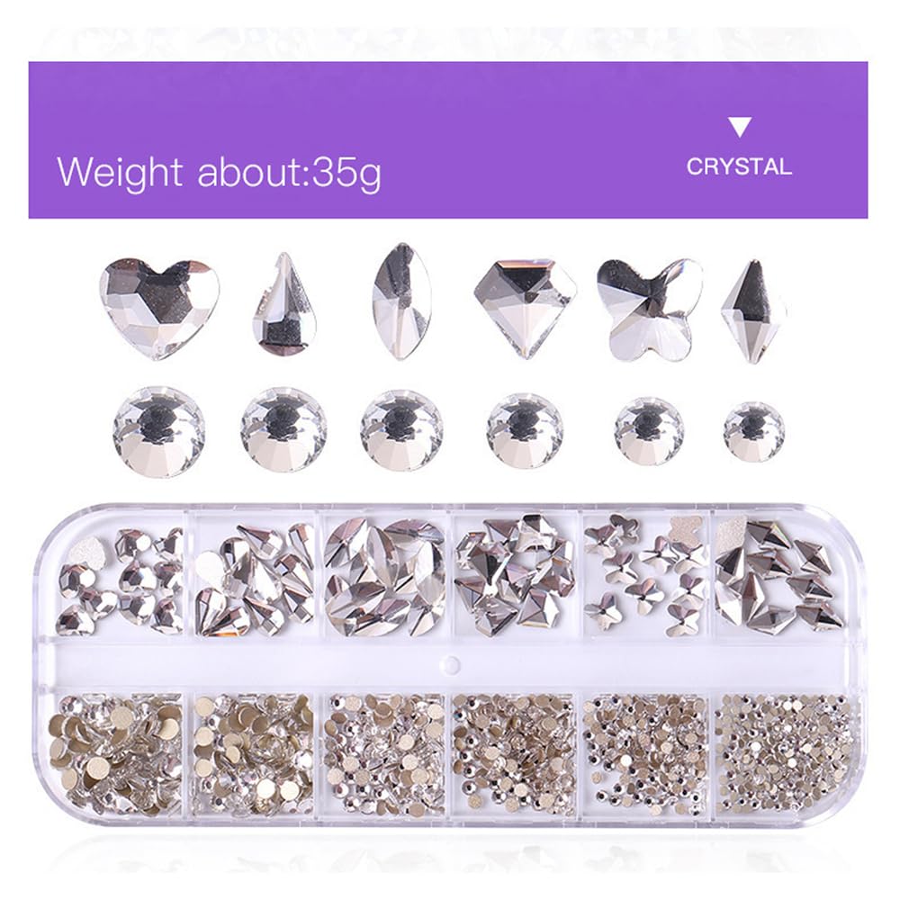 S.A.V.I Crystal Nail Art Rhinestones Kit – 3D Flatback Glass Stones in 6 Shapes & Sizes – Nail Gems for Women & Girls – Silver DIY Manicure Decoration with Picker Pencil & Tweezer