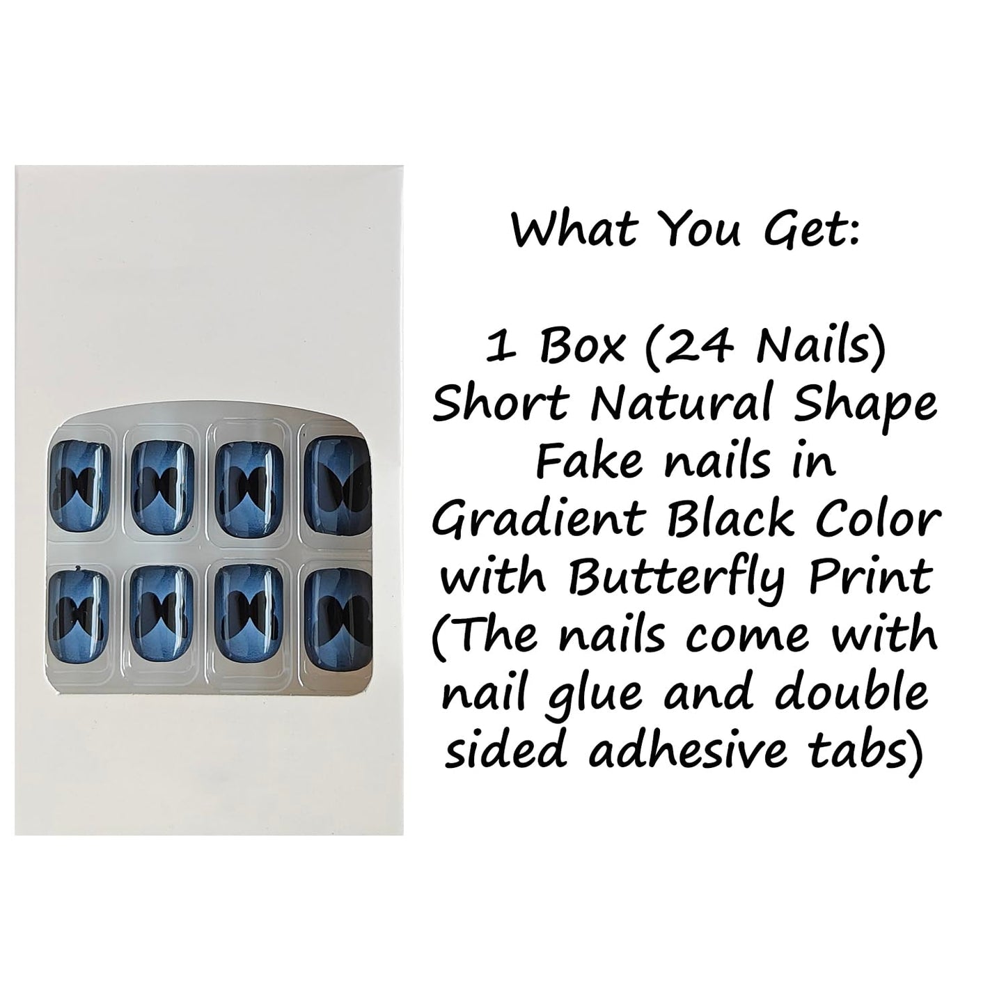 S.A.V.I 24 Pcs Short Natural Fake Nails – Gradient Black Press On Nails with Butterfly Print, Reusable Acrylic Nail Art Kit with Glue & Adhesive Tabs for Women & Girls (Square Shape)