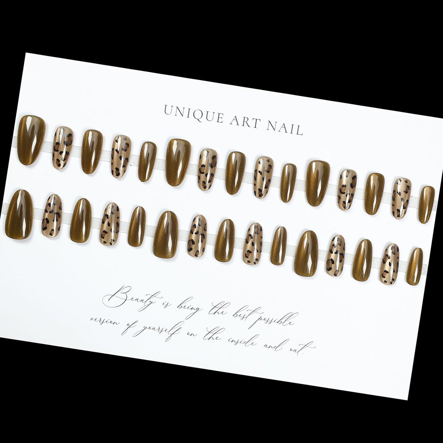 S.A.V.I Long Almond Cat Eye Brown Press-On Nails | 30 Reusable Pieces with Leopard Print Design | Includes Nail Glue & Adhesive Tabs for Salon-Look Manicure at Home