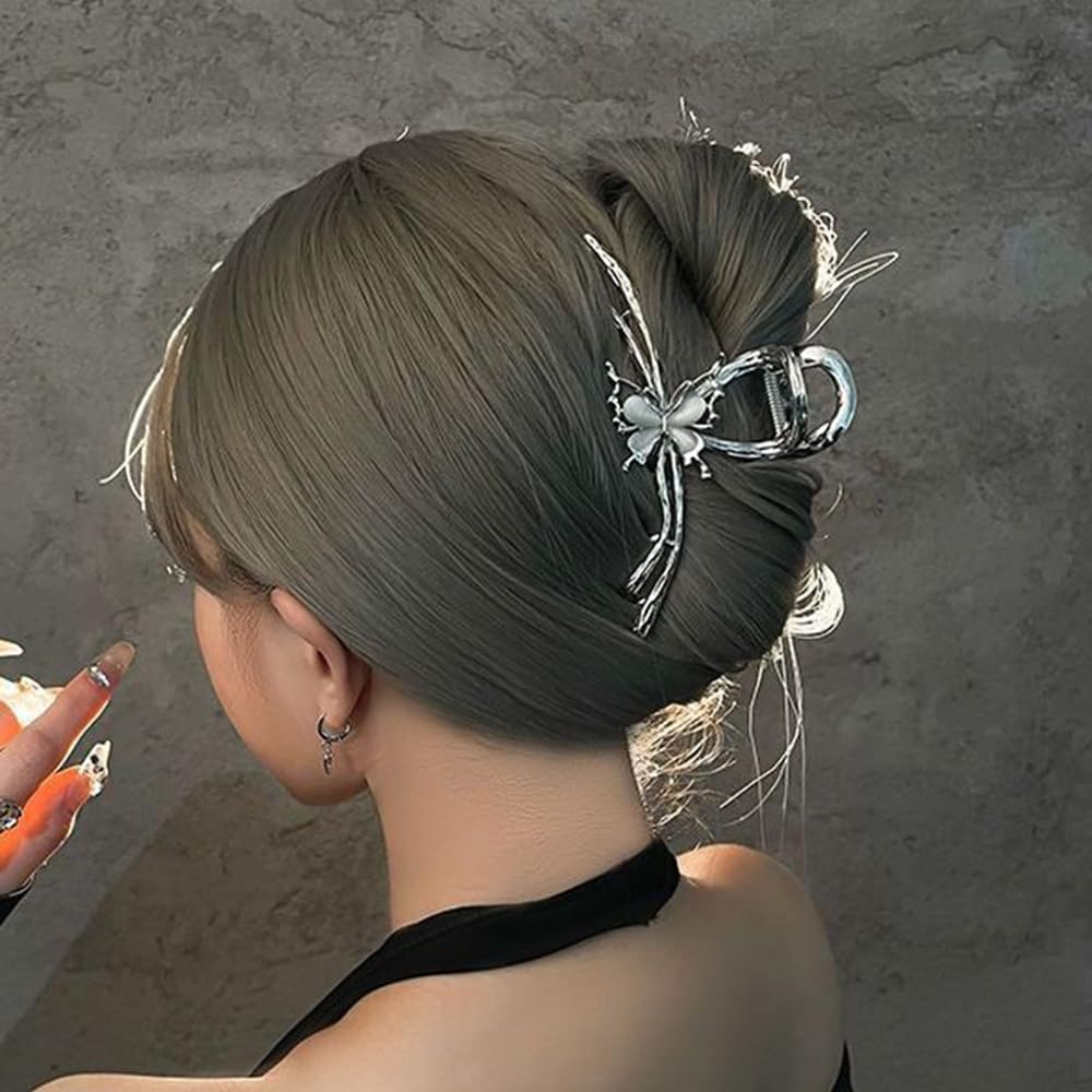 S.A.V.I Silver Butterfly Hair Claw Clip for Women & Girls | 11.5cm Large Metal Clutcher for Thick Hair | Strong Grip Floral Design Bun Holder | Stylish Hair Accessory for Daily