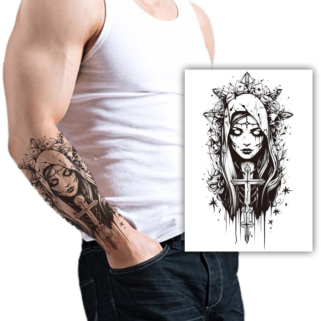 S.A.V.I Large Gothic Virgin Mary Temporary Tattoo for Men, 1 Pc, Black 21x11 cm Waterproof Non-Toxic Realistic Half Arm Body Art Sticker, Long-Lasting Transfer Tattoo for Festival & Party Use
