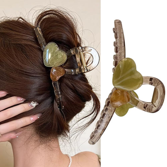 S.A.V.I Stylish Resin Hair Claw Clip for Women & Girls | 13cm Heart Shape with Green & Amber Stones | Strong Grip Bun Holder | Acrylic Hair Accessory for Daily & Party