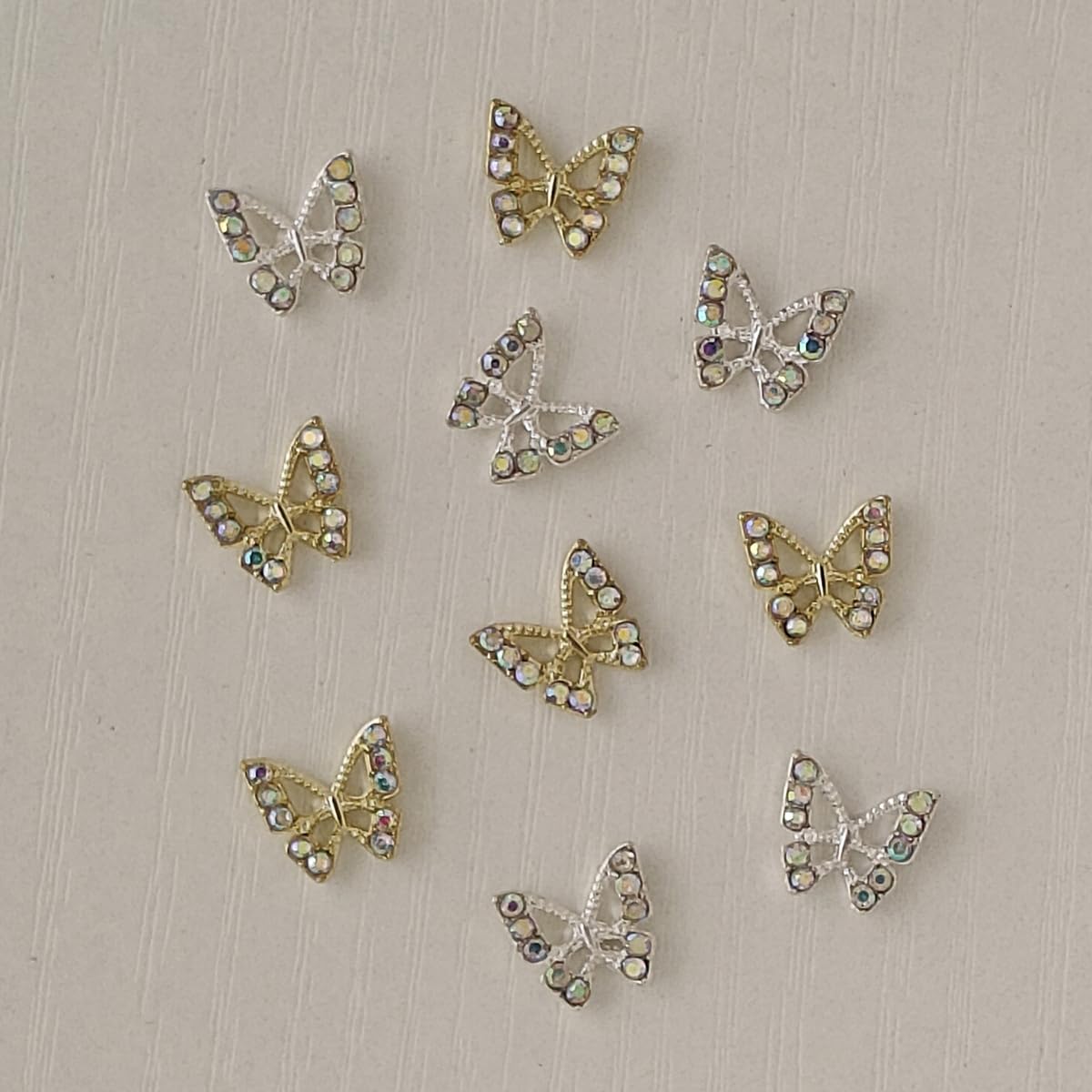S.A.V.I 3D Butterfly Nail Art Charms for Women (10 Pcs, 10 × 9 mm) | Gold & Silver Alloy Rhinestone Nail Decorations | Reusable Sparkling Accessories for DIY Gel/Acrylic Extension & Salon Manicure