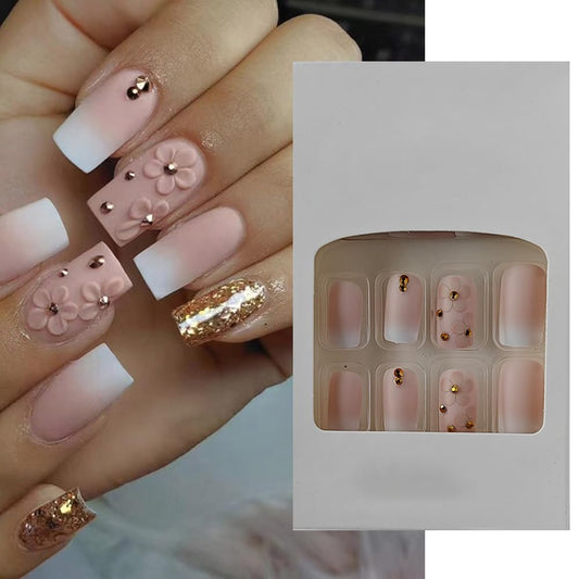 S.A.V.I 24 PCs Reusable Long Square Shape Gradient Nude  White Gold Glitter 3D Flower Press-on Fake Nails | DIY Manicure Kit | Stylish, Durable, Easy Application | Salon-Quality Nails at Home
