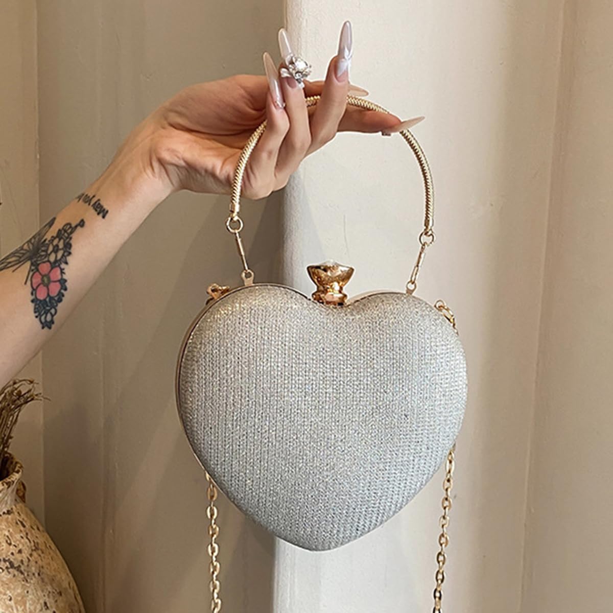 S.A.V.I Women’s Heart Shaped Silver Glitter Clutch Bag | Party & Wedding Evening Purse with Gold Handle, Chain Strap & Crystal Top Lock | Stylish Metallic Handbag for Brides & Special Events (Silver)
