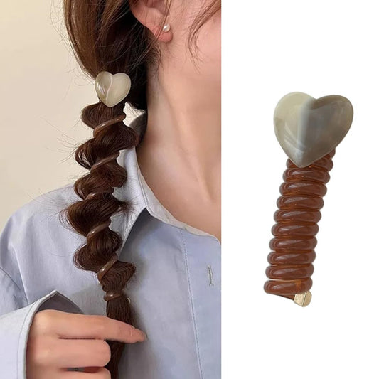 S.A.V.I Stylish Heart-Shaped Beige Telephone Wire Hair Band for Women  Girls | 7cm Spiral Elastic Hair Tie | Secure Braids  Ponytails | Hair Accessory - 1 Pc